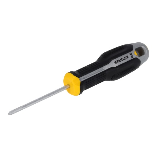 STANLEY FMHT65722-0 schroevendraaier met zwart-geel ergonomisch handvat, schuine hoek op witte achtergrond.