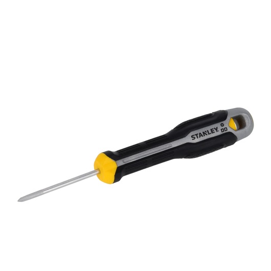 Foto van STANLEY FMHT65723-0 schroevendraaier met zwart, geel en grijs ergonomisch handvat, zijaanzicht op witte achtergrond.