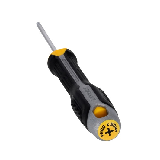 STANLEY FMHT65723-0 Phillips-schroevendraaier met zwart-gele handgreep, onder hoek getoond op witte achtergrond.