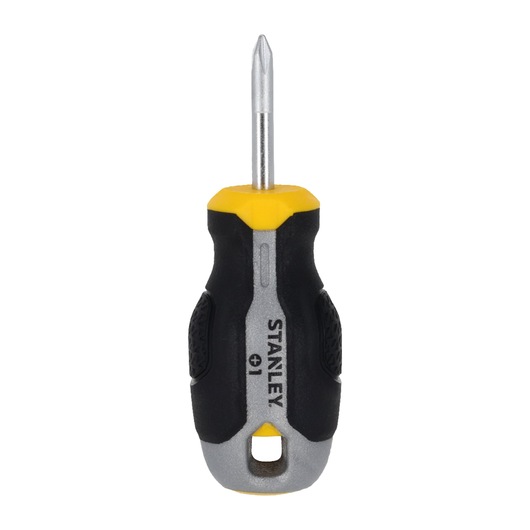 STANLEY FMHT65724-0 korte kruiskopschroevendraaier met zwart-gele handgreep, vooraanzicht op witte achtergrond.