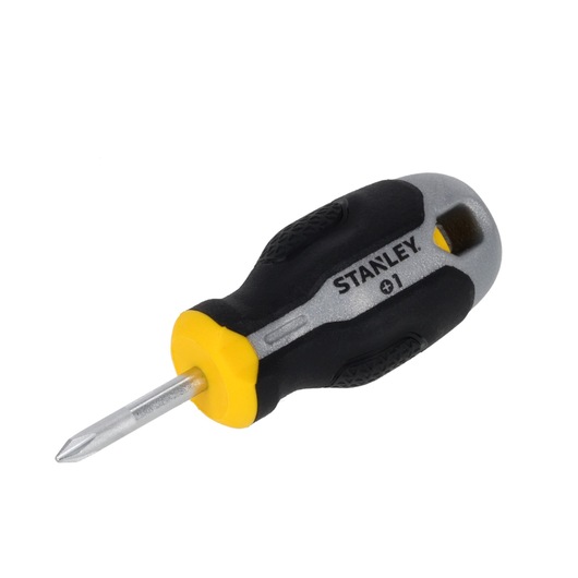 STANLEY FMHT65724-0 korte kruiskopschroevendraaier met zwart, geel en zilver handvat, productfoto schuin op witte achtergrond.