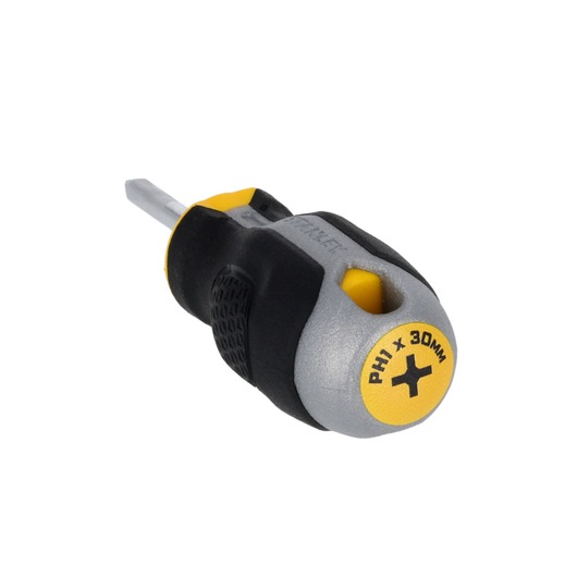 STANLEY FMHT65724-0 korte Phillips-schroevendraaier, PH1 x 30 mm, zwart en geel, hoekaanzicht op witte achtergrond.