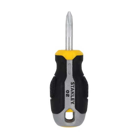 STANLEY FMHT65726-0 korte kruiskopschroevendraaier met zwart-geel ergonomisch handvat, vooraanzicht op witte achtergrond.