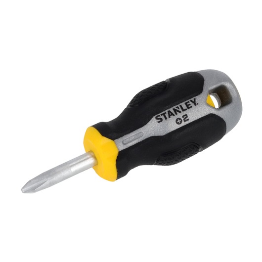 STANLEY FMHT65726-0 korte kruiskopschroevendraaier met zwart, geel en grijs handvat, zijaanzicht, witte achtergrond.