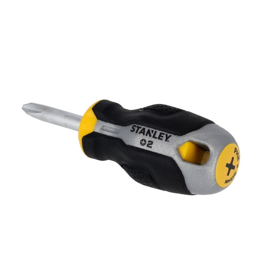 STANLEY FMHT65726-0 korte kruiskopschroevendraaier met zwart-geel ergonomisch handvat, schuine aanzicht op witte achtergrond.
