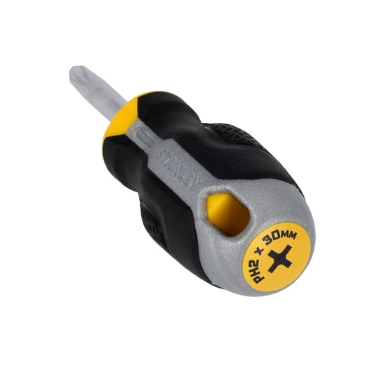 STANLEY FMHT65726-0 korte kruiskopschroevendraaier met zwart, geel en grijs handvat, schuine weergave op witte achtergrond.