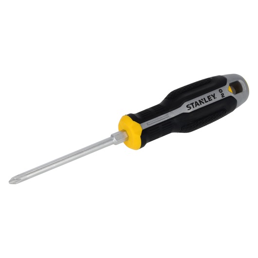 Stanley FMHT65727-0 kruiskopschroevendraaier, zwarte en gele handgreep, schuine weergave op witte achtergrond.