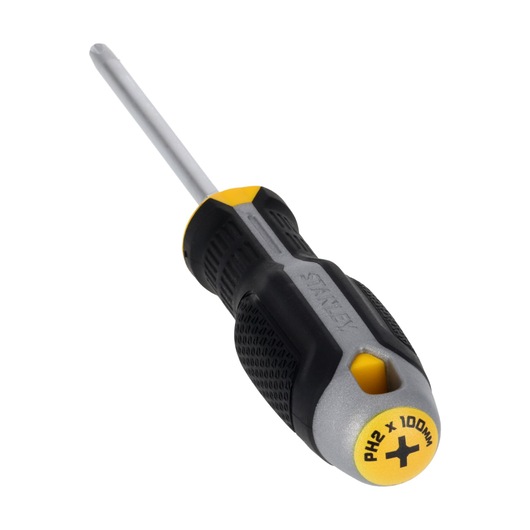 STANLEY FMHT65727-0 Phillips schroevendraaier, zwart met gele handgreep, 100mm, schuine aanzicht op witte achtergrond.