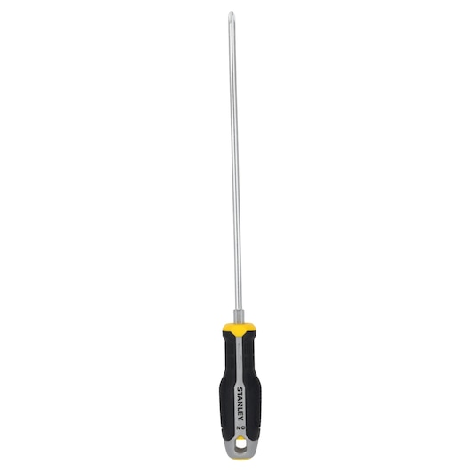 STANLEY FMHT65728-0 schroevendraaier met zwart-geel handvat, lange schacht, vooraanzicht, handgereedschap.