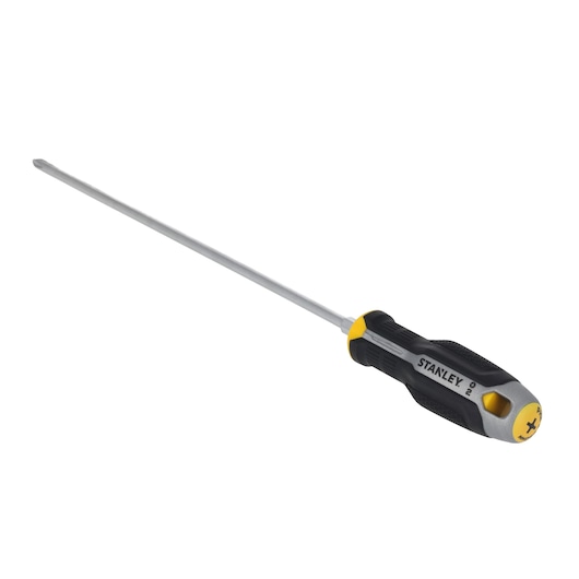 Tournevis cruciforme STANLEY FMHT65728-0 avec tige longue en acier et poignée ergonomique noire et jaune, vue en angle.