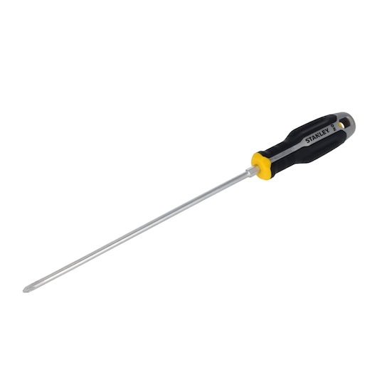 STANLEY FMHT65728-0 tournevis cruciforme long avec manche noir et jaune, vue latérale sur fond blanc.