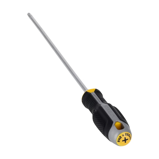 STANLEY FMHT65728-0 tournevis Phillips avec manche noir et jaune, longue tige, vue inclinée sur fond blanc.