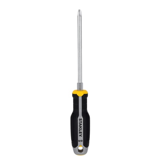 STANLEY FMHT65729-0 kruiskopschroevendraaier met zwart-geel handvat, vooraanzicht op witte achtergrond.