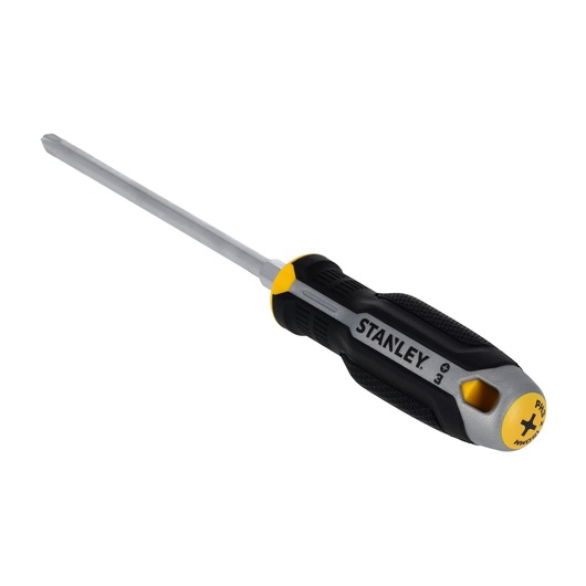 STANLEY FMHT65729-0 kruiskopschroevendraaier met zwart-gele ergonomische handgreep, schuine hoek op witte achtergrond.