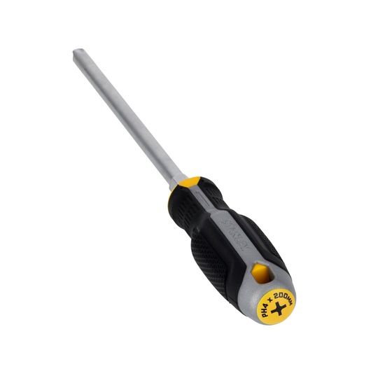 STANLEY FMHT65730-0 kruiskopschroevendraaier met zwart-gele handgreep, schuin gefotografeerd op witte achtergrond.