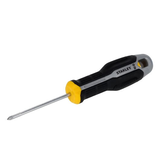Tournevis cruciforme STANLEY FMHT65731-0 avec poignée jaune et noire, incliné sur fond blanc.