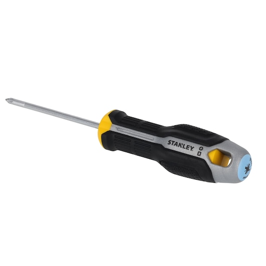 STANLEY FMHT65731-0 tournevis Phillips avec manche ergonomique noir et jaune, vue latérale sur fond blanc.