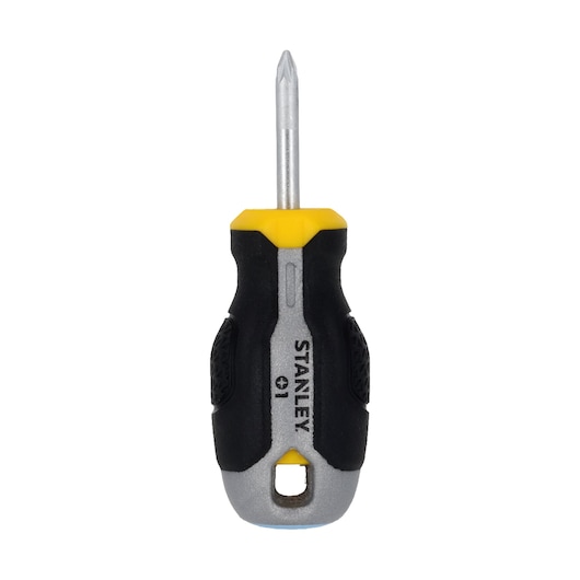 STANLEY FMHT65732-0 stubby Phillips schroevendraaier vooraanzicht, zwart-gele handgreep, zilveren steel.