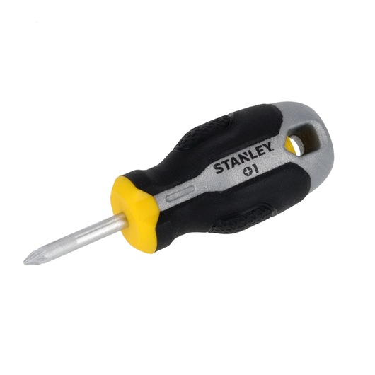 STANLEY FMHT65732-0 korte kruiskopschroevendraaier met zwarte, gele en grijze ergonomische handgreep, zijaanzicht.