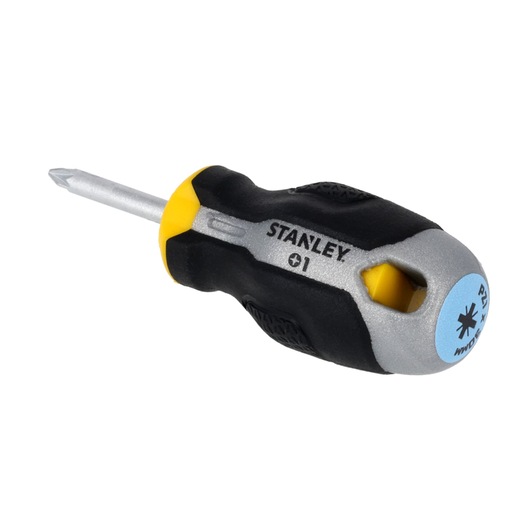 STANLEY FMHT65732-0 korte Philips-schroevendraaier met zwart-geel ergonomisch handvat, product in hoek op witte achtergrond.