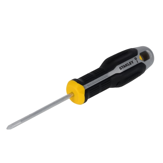 STANLEY FMHT65733-0 tournevis cruciforme avec poignée noire et jaune, vue en angle, fond blanc.