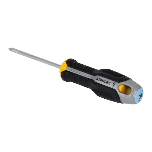 STANLEY FMHT65733-0 tournevis cruciforme, manche ergonomique noir et jaune, vue en angle sur fond blanc.