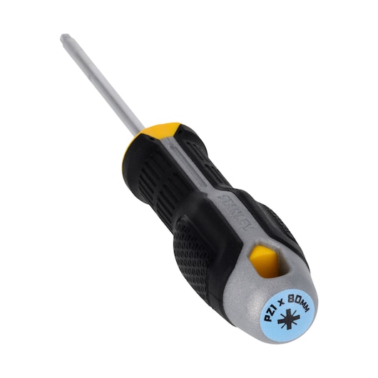 STANLEY FMHT65733-0 tournevis Pozidriv avec poignée texturée noire et jaune, tige de 80 mm, angle avant.