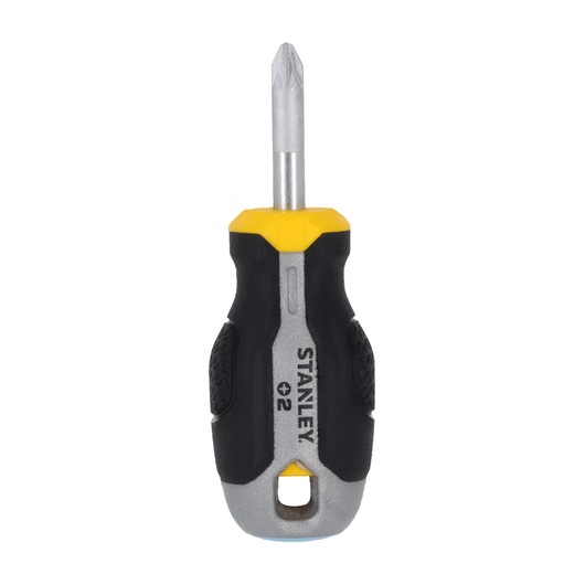 STANLEY FMHT65734-0 korte kruiskopschroevendraaier, zwart en geel handvat, vooraanzicht op witte achtergrond.