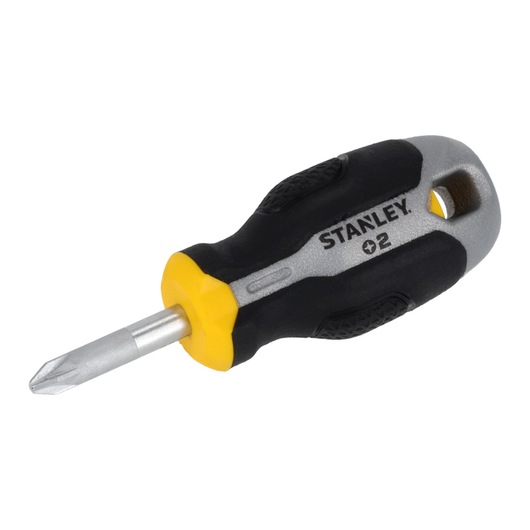 STANLEY FMHT65734-0 korte Philips-schroevendraaier met zwart, geel en grijs handvat, schuin op witte achtergrond.