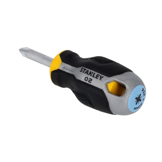 STANLEY FMHT65734-0 korte Phillips-schroevendraaier, zwart-geel ergonomisch handvat, schuine vooraanzicht, witte achtergrond.