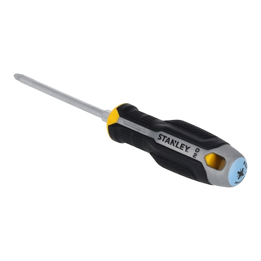 STANLEY FMHT65735-0 tournevis cruciforme avec poignée ergonomique noire et jaune, en angle sur fond blanc.