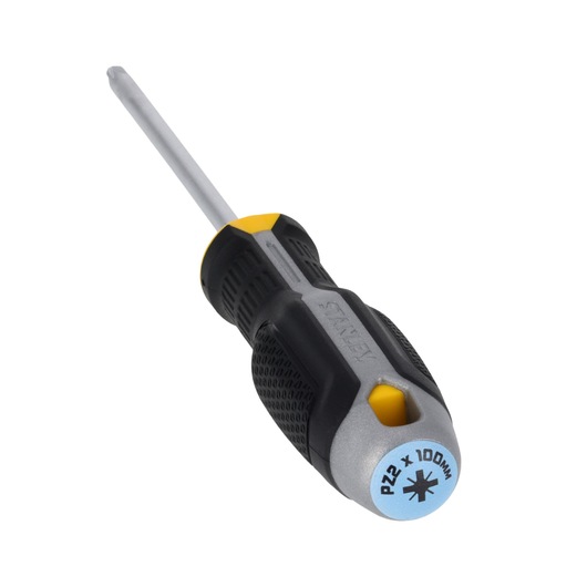 Tournevis STANLEY FMHT65735-0 avec manche noir et jaune, pointe Pozidriv PZ2, vue en angle sur fond blanc.