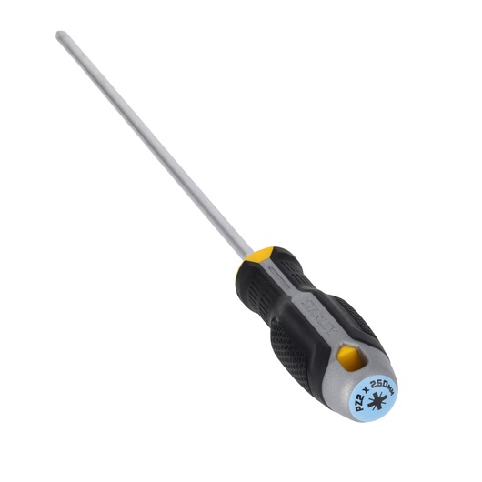 STANLEY FMHT65736-0 Pozidriv-schroevendraaier met zwart-geel ergonomisch handvat, lange zilveren schacht, schuine hoek.