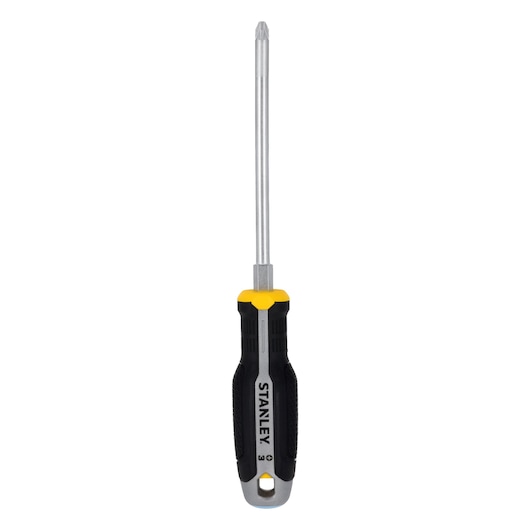 STANLEY FMHT65737-0 kruiskopschroevendraaier met zwart-geel ergonomisch handvat, vooraanzicht, witte achtergrond.