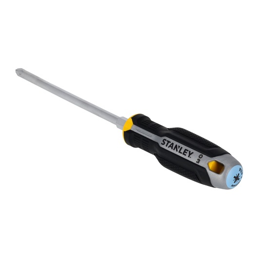 STANLEY FMHT65737-0 kruiskopschroevendraaier met zwart-gele handgreep, schuine hoek op witte achtergrond.