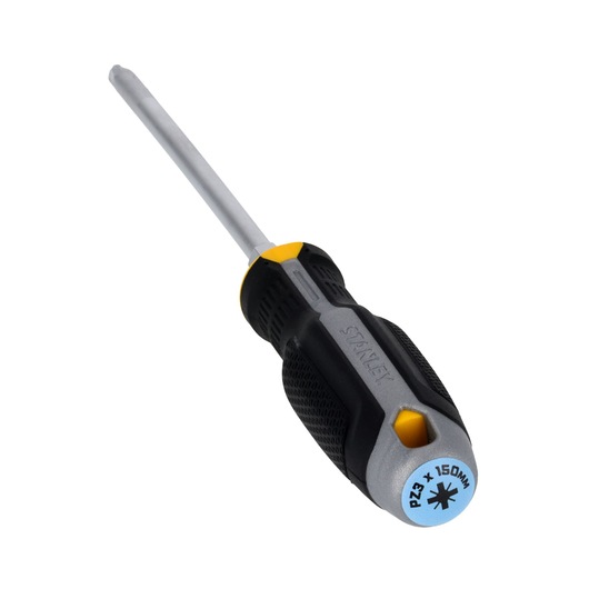 STANLEY FMHT65737-0 Pozidriv-schroevendraaier met zwart-geel ergonomisch handvat, maat op de dop, schuin op witte achtergrond.