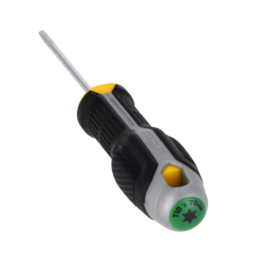 STANLEY FMHT65738-0 Torx-schroevendraaier met zwart-geel ergonomisch handvat, schuin weergegeven op witte achtergrond.