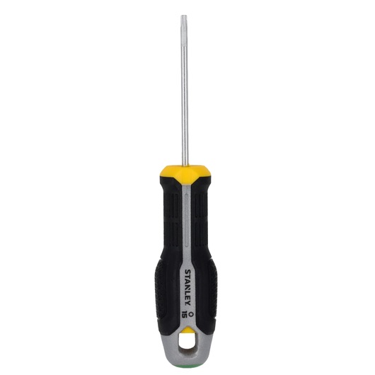 STANLEY FMHT65739-0 schroevendraaier met zwart-gele ergonomische handgreep, gefotografeerd van voren op witte achtergrond.
