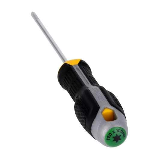 STANLEY FMHT65740-0 Torx-schroevendraaier met zwart-gele ergonomische handgreep, schuine hoek op witte achtergrond.