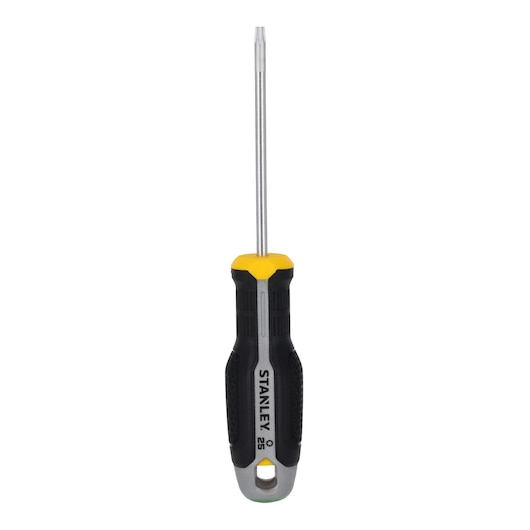 Foto van STANLEY FMHT65741-0 schroevendraaier met zwart-geel ergonomisch handvat, vooraanzicht op witte achtergrond.