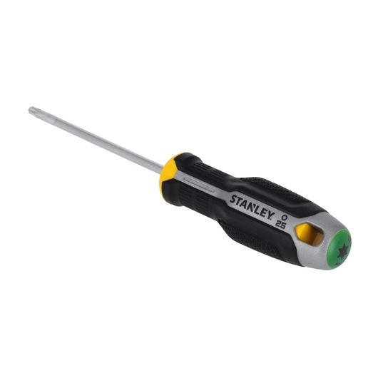 STANLEY FMHT65741-0 schroevendraaier met zwart-gele handgreep, schuin gefotografeerd op witte achtergrond.