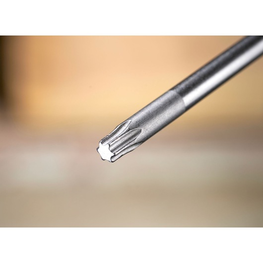 Close-up van een metalen stervormige schroevendraaierpunt met een vervaagde achtergrond.