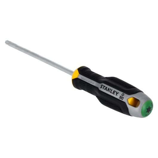 STANLEY FMHT65742-0 schroevendraaier met zwart-gele handgreep, onder een hoek gefotografeerd op witte achtergrond.