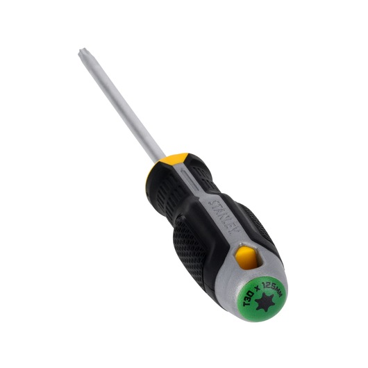 STANLEY FMHT65742-0 Torx-schroevendraaier met zwart-geel ergonomisch handvat, T30 x 125mm, schuine hoek, witte achtergrond.