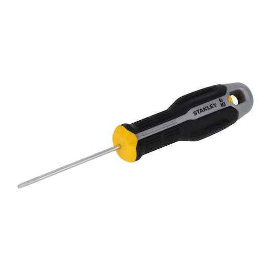 STANLEY FMHT65744-0 schroevendraaier met zwart-geel ergonomisch handvat, zijaanzicht op witte achtergrond.