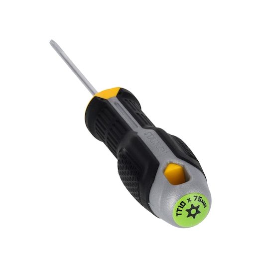 STANLEY FMHT65744-0 Torx-schroevendraaier met zwart-grijs-gele handgreep, TT10 x 75mm, producthoek op witte achtergrond.