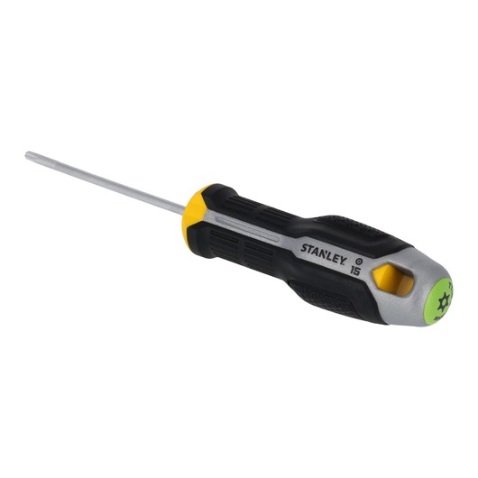 Photo du tournevis STANLEY FMHT65745-0 avec manche noir, gris et jaune, pointe Torx, vue latérale, fond blanc.