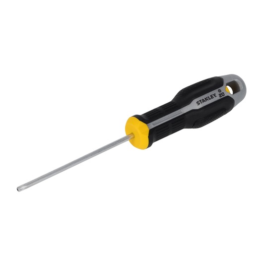 STANLEY FMHT65746-0 schroevendraaier met zwart en geel ergonomisch handvat, zijaanzicht op witte achtergrond.