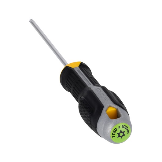 STANLEY FMHT65746-0 Torx-schroevendraaier, zwart/gele handgreep, TT20 x 100mm, schuin op witte achtergrond.