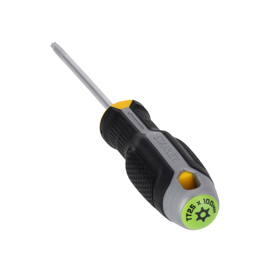 STANLEY FMHT65747-0 Torx-schroevendraaier TR25 x 100mm met zwart-grijs-geel handvat, vooraanzicht op witte achtergrond.